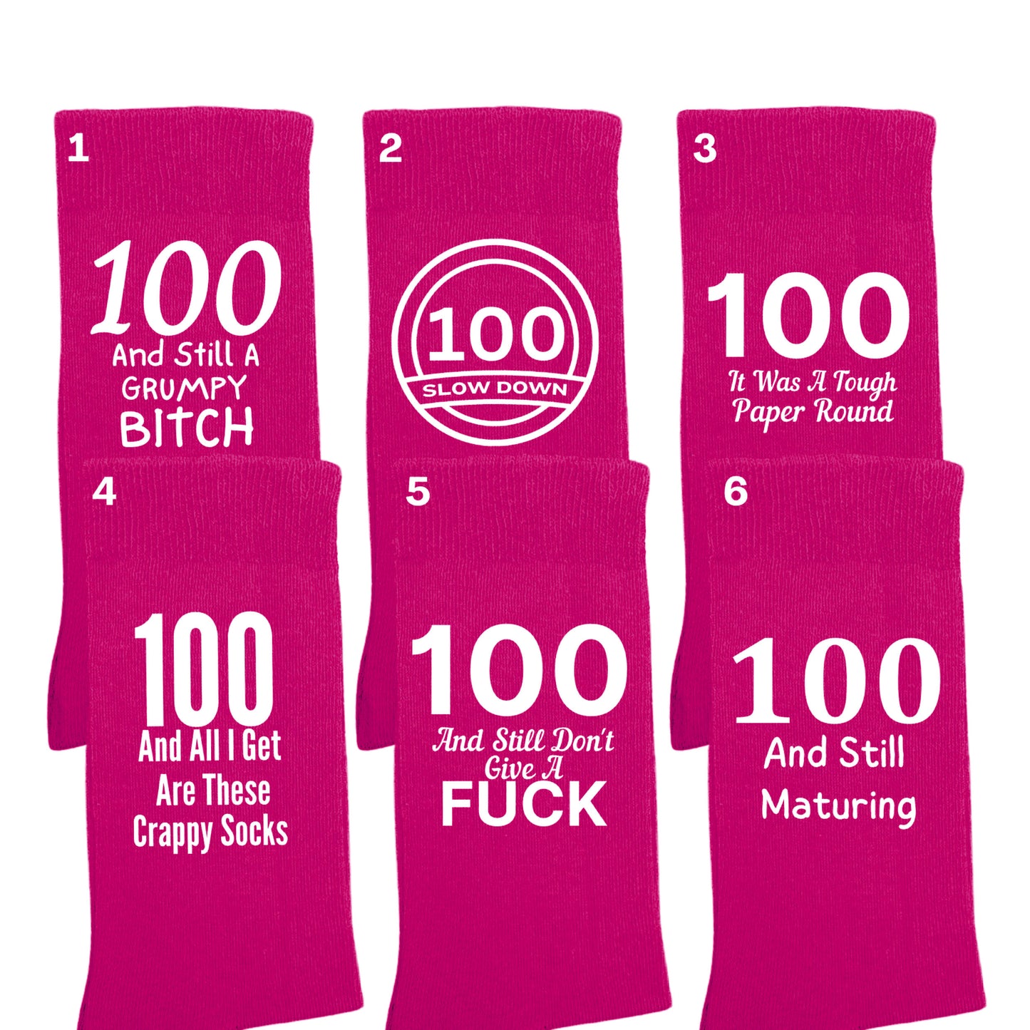 Funny 100th birthday milestone socks for women, size 4-7.
Soft and comfortable 100th birthday socks with bold design.