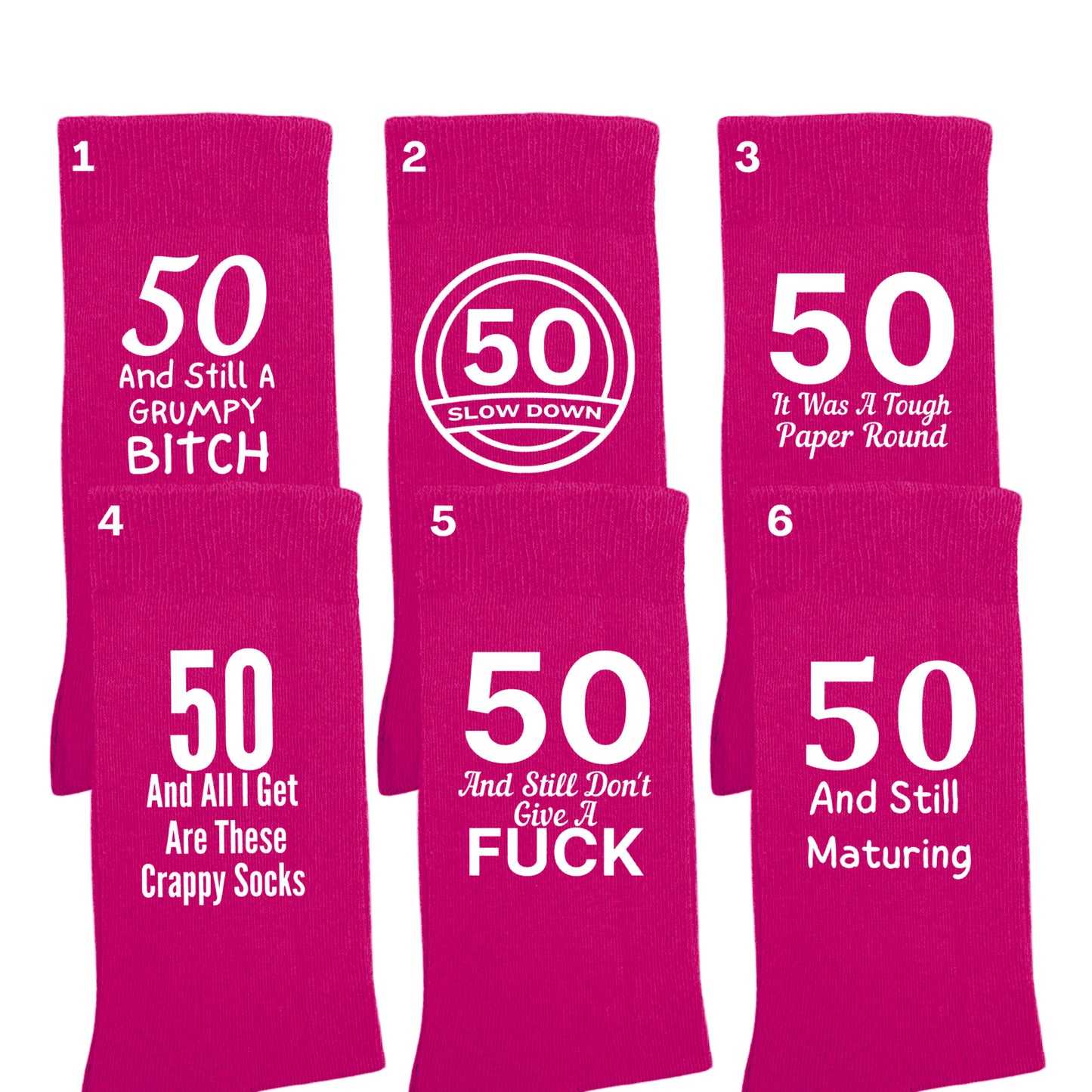 Funny 50th birthday milestone socks for women, size 4-7.
Soft and comfortable 50th birthday socks with bold design.