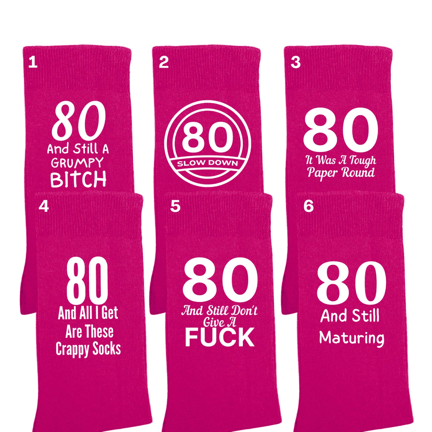 Funny 80th birthday milestone socks for women, size 4-7.
Soft and comfortable 80th birthday socks with bold design.