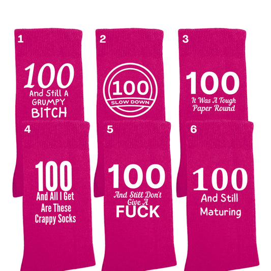 Funny 100th birthday milestone socks for women, size 4-7.
Soft and comfortable 100th birthday socks with bold design.

