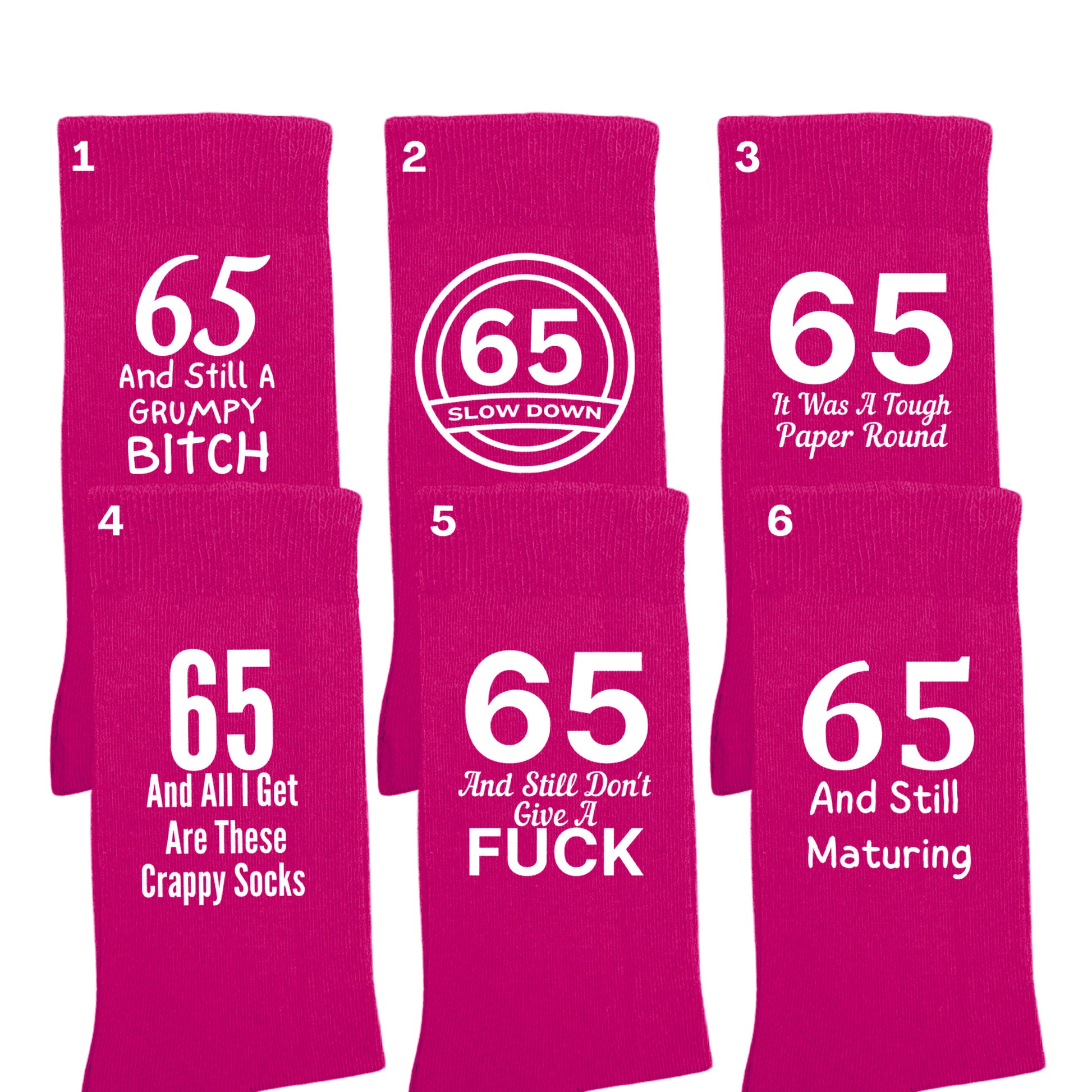 Funny 65th birthday milestone socks for women, size 4-7.
Soft and comfortable 65th birthday socks with bold design.
