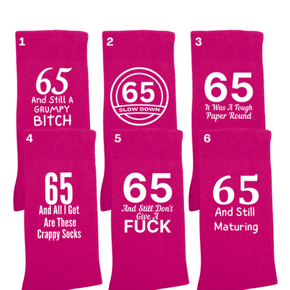 Funny 65th birthday milestone socks for women, size 4-7.
Soft and comfortable 65th birthday socks with bold design.
