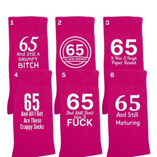 Funny 65th birthday milestone socks for women, size 4-7.
Soft and comfortable 65th birthday socks with bold design.
