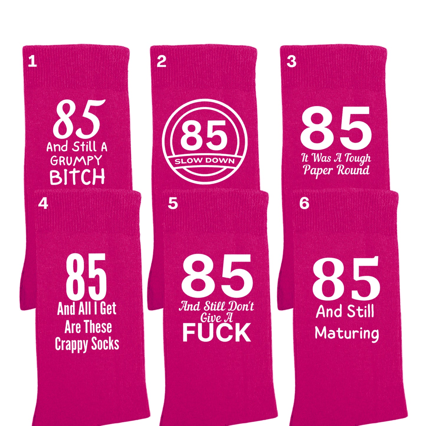 Funny 85th birthday milestone socks for women, size 4-7.
Soft and comfortable 85th birthday socks with bold design.
