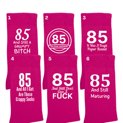 Funny 85th birthday milestone socks for women, size 4-7.
Soft and comfortable 85th birthday socks with bold design.
