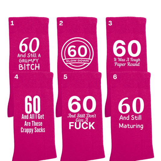 Funny 60th birthday milestone socks for women, size 4-7.
Soft and comfortable 60th birthday socks with bold design.

