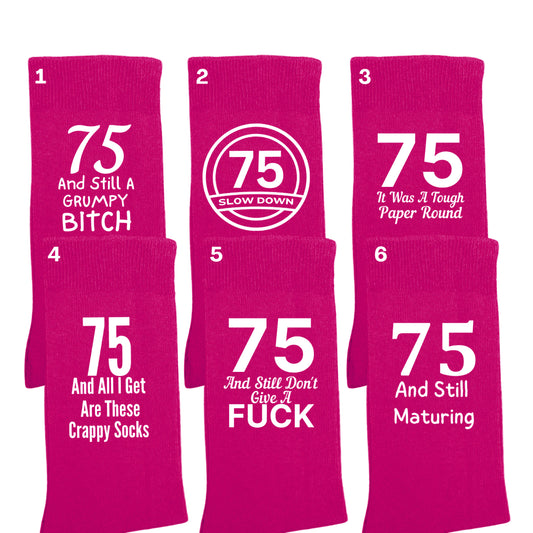 Funny 75th birthday milestone socks for women, size 4-7.
Soft and comfortable 75th birthday socks with bold design.
