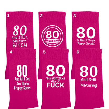 Funny 80th birthday milestone socks for women, size 4-7.
Soft and comfortable 80th birthday socks with bold design.
