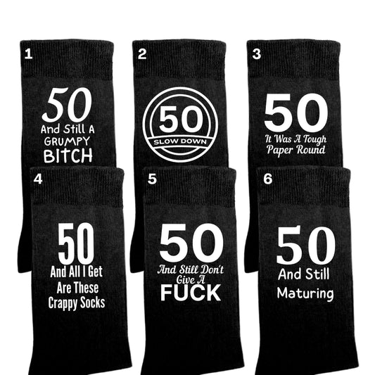 Funny 50th birthday milestone socks for women, size 4-7.
Soft and comfortable 50th birthday socks with bold design.
