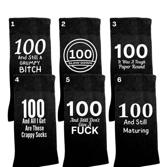 Funny 100th birthday milestone socks for women, size 4-7.
Soft and comfortable 100th birthday socks with bold design.
