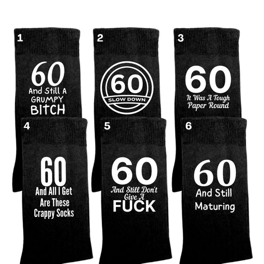 Funny 60th birthday milestone socks for women, size 4-7.
Soft and comfortable 60th birthday socks with bold design.
