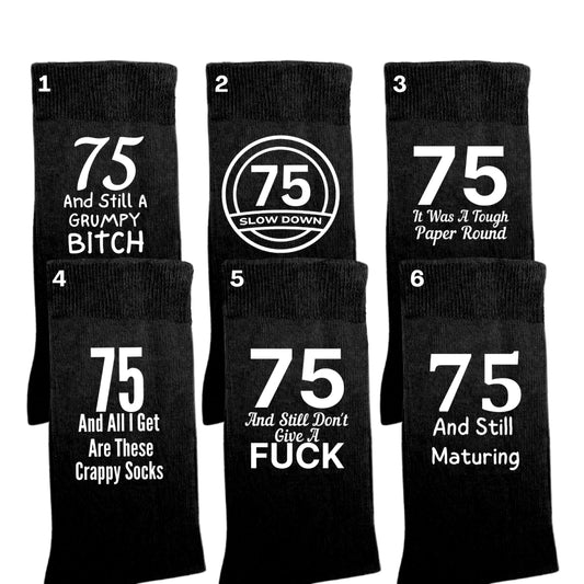 Funny 75th birthday milestone socks for women, size 4-7.
Soft and comfortable 75th birthday socks with bold design.

