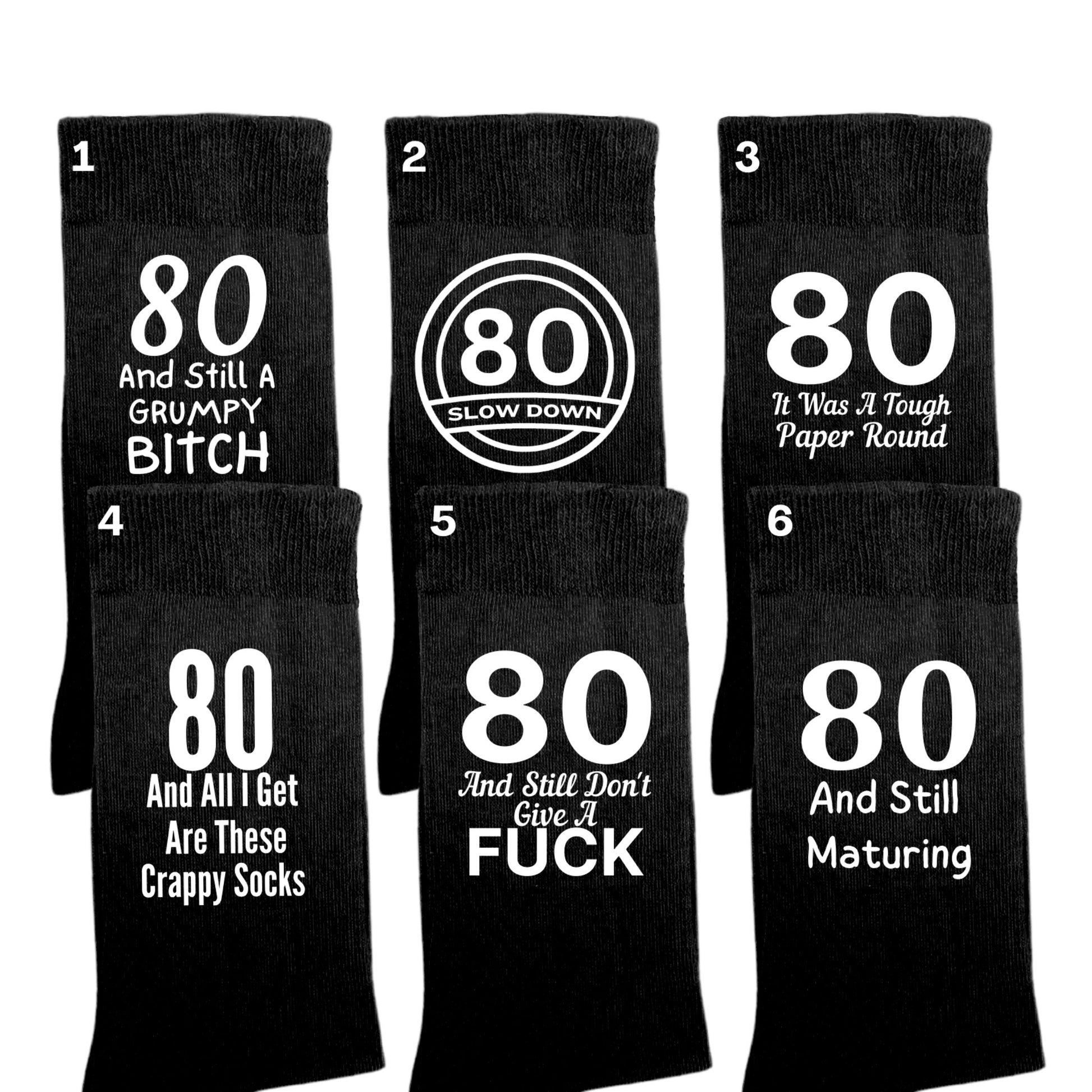 Funny 80th birthday milestone socks for women, size 4-7.
Soft and comfortable 80th birthday socks with bold design.
