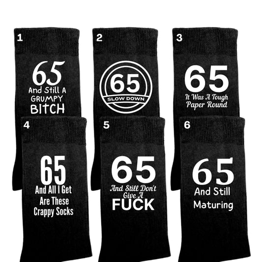 Funny 65th birthday milestone socks for women, size 4-7.
Soft and comfortable 65th birthday socks with bold design.
