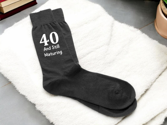 Men’s Personalised Birthday Socks – “Still Maturing” Design (30th–100th)