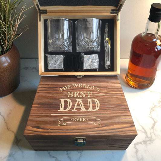 Personalised Wooden Double Glass Whiskey Box Gift Set -  Birthday, Christmas, Fathers Day Gift