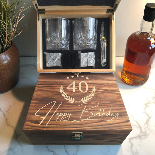 Personalised Wooden Double Glass Whiskey Box Gift Set -  Milestone Birthday Gift
