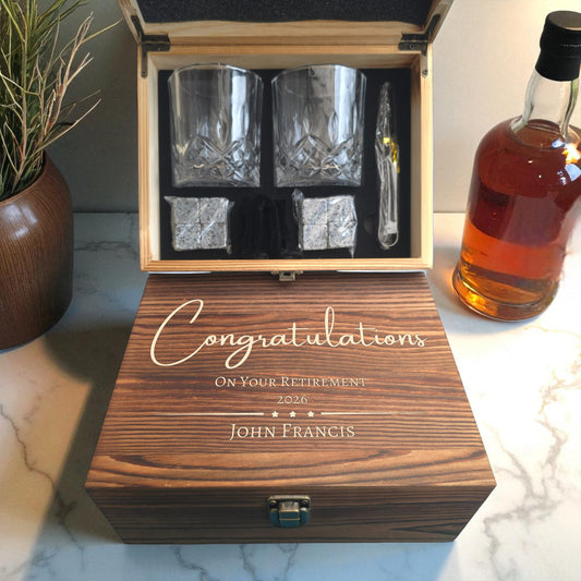 Personalised Wooden Double Glass Whiskey Box Gift Set - Retirement Gift