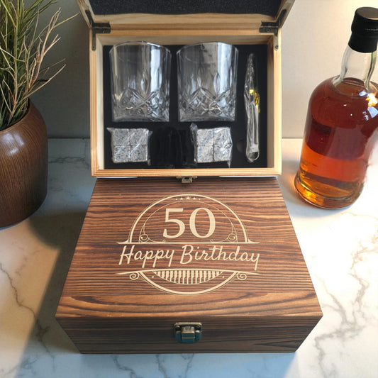 Personalised Wooden Double Glass Whiskey Box Gift Set -  Milestone Birthday Gift