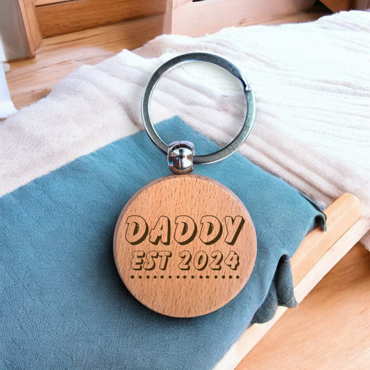 Daddy Personalised Year Wooden Engraved Round Keyring