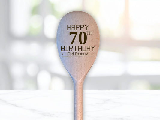 Engraved Wooden Spoon "Happy Birthday Old Bastard” – 30th to 100th + Optional Handle Message