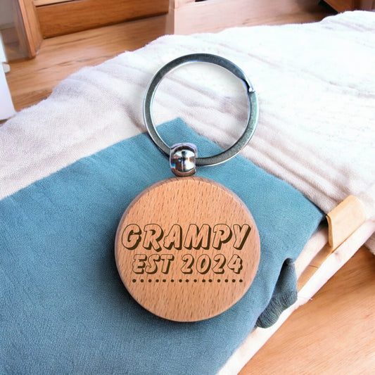 Grampy Personalised Year Wooden Engraved Round Keyring