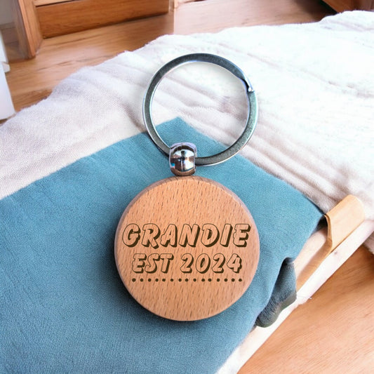 Grandie Personalised Year Wooden Engraved Round Keyring