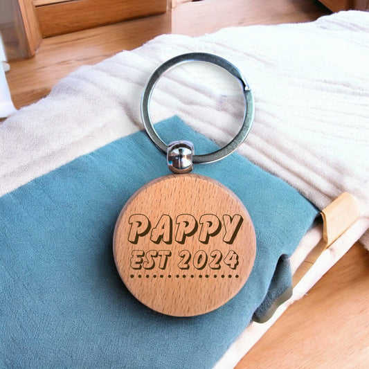 Pappy Personalised Year Wooden Engraved Round Keyring
