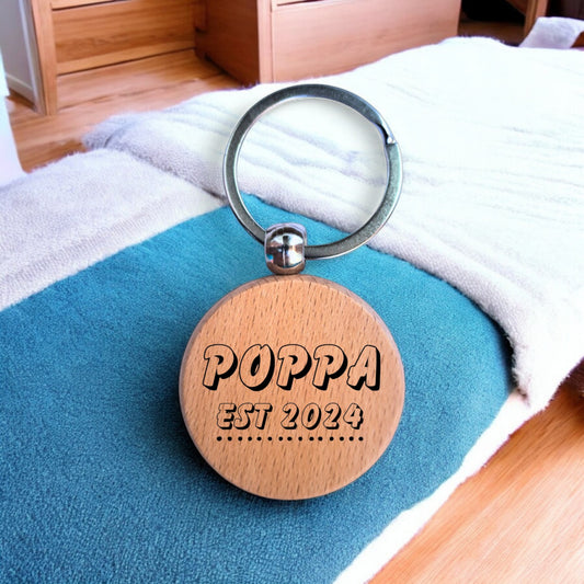 Poppa Personalised Year Wooden Engraved Round Keyring