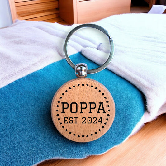 Poppa Personalised Star Year Engraved Wooden Keyring