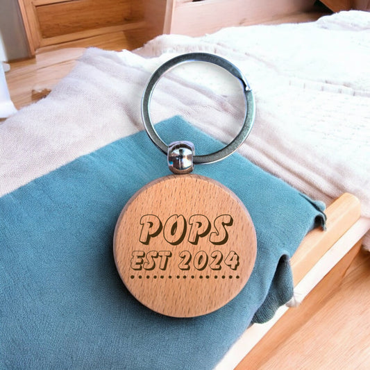 Pops Personalised Year Wooden Engraved Round Keyring