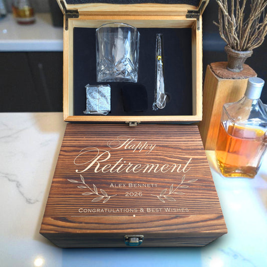 Personalised Wooden Single Glass Whiskey Box Gift Set - Retirement Gift