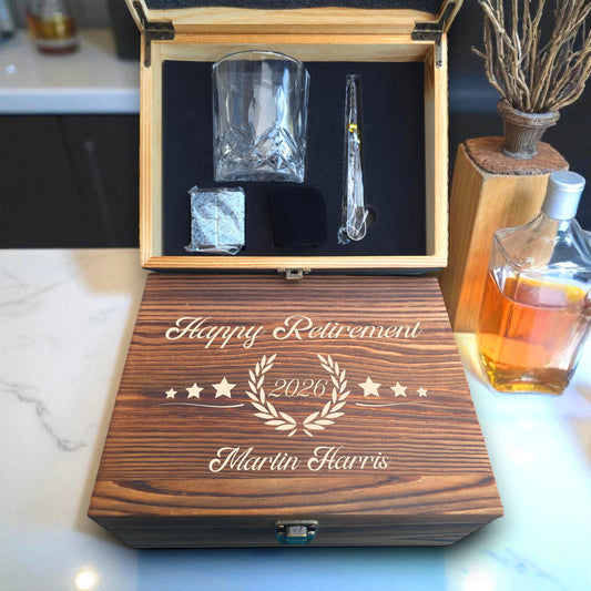 Personalised Wooden Single Glass Whiskey Box Gift Set - Retirement Gift