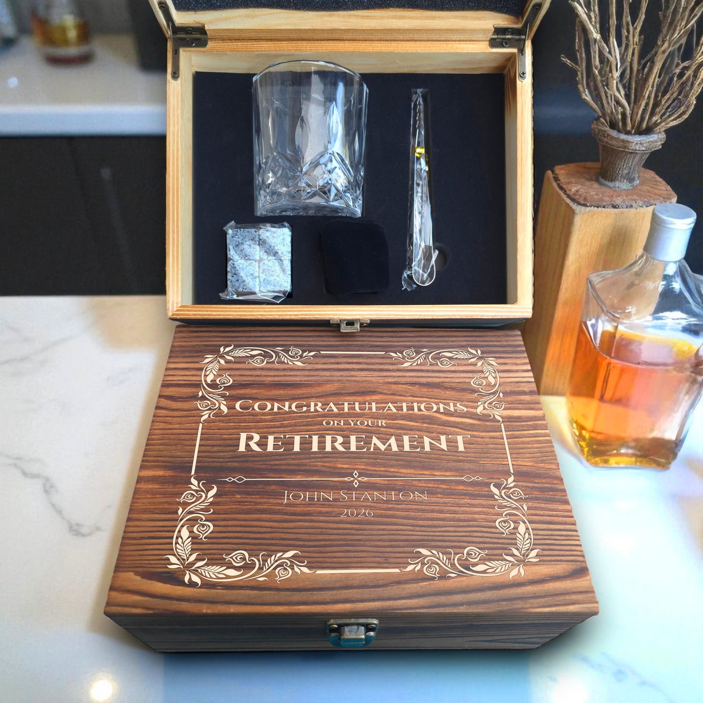 Personalised Wooden Single Glass Whiskey Box Gift Set - Retirement Gift