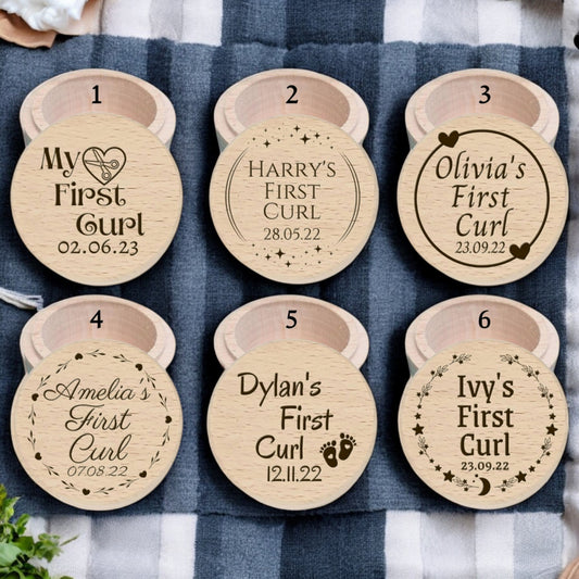 Personalised Wooden Baby First Curl Box