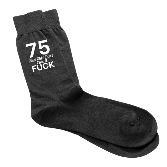 Funny 75th birthday socks for men with the phrase "75 And Still Don’t Give A Fuck".
Cosy and cheeky socks, size 6-12, perfect for milestone birthdays.
